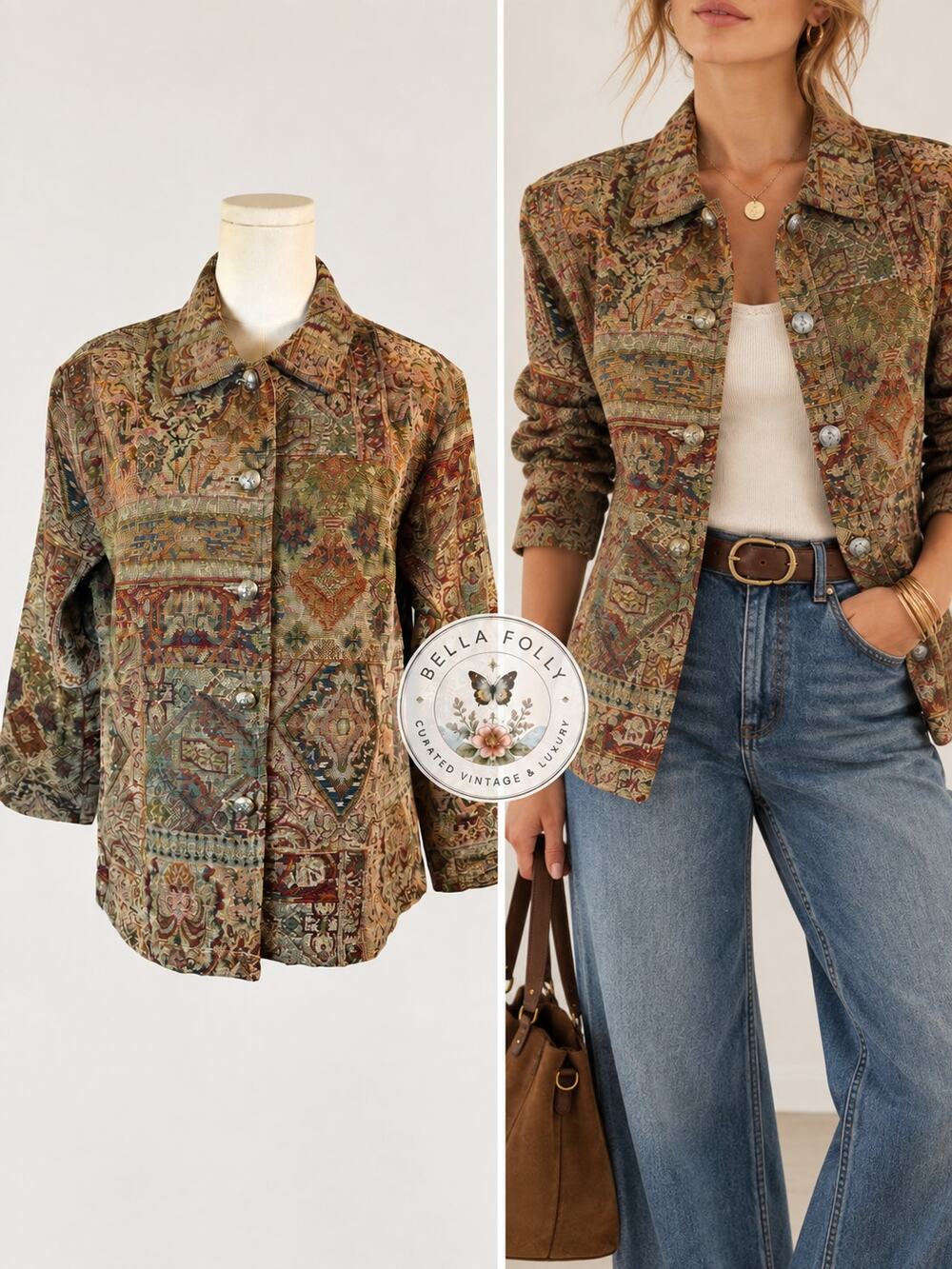 Vintage E.L.C.C. Erin London Tapestry Blazer Silver Metal Buttons Petite Large